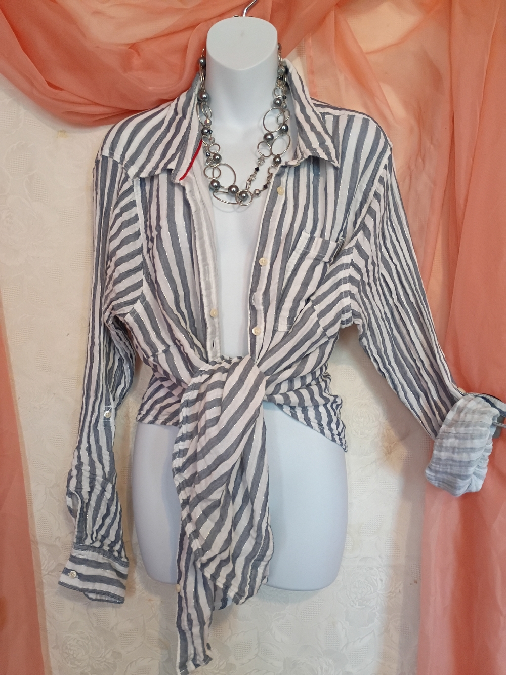 St. John's Bay Ladies Striped Tie-Front Button-Down Shirt - Gray & White Sz 2X